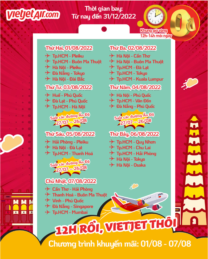 “12h rồi, Vietjet thôi” – Vé bay 0 đồng khung giờ vàng 12h-14h mỗi ngày