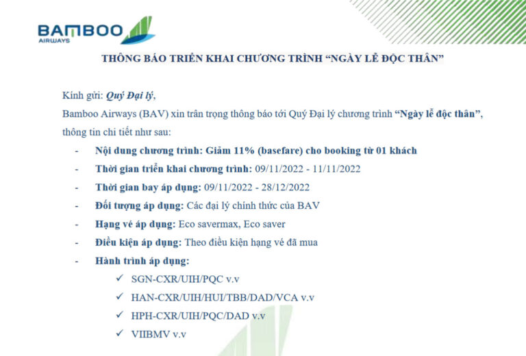 BAMBOO AIRWAYS – THÔNG BÁO TRIỂN KHAI CHƯƠNG TRÌNH “NGÀY LỄ ĐỘC THÂN”