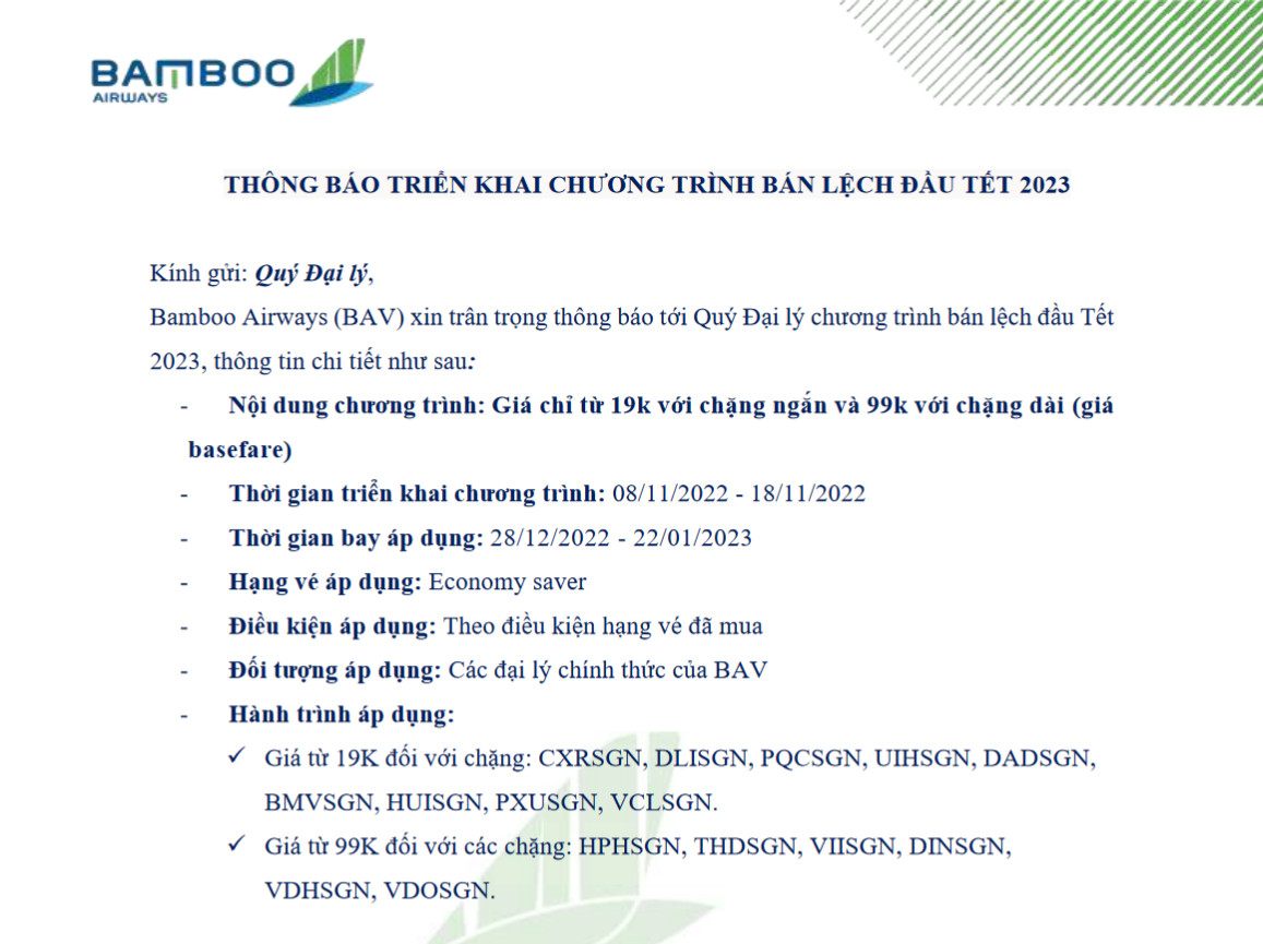 BAMBOO AIRWAYS – THÔNG BÁO TRIỂN KHAI CHƯƠNG TRÌNH BÁN LỆCH ĐẦU TẾT 2023