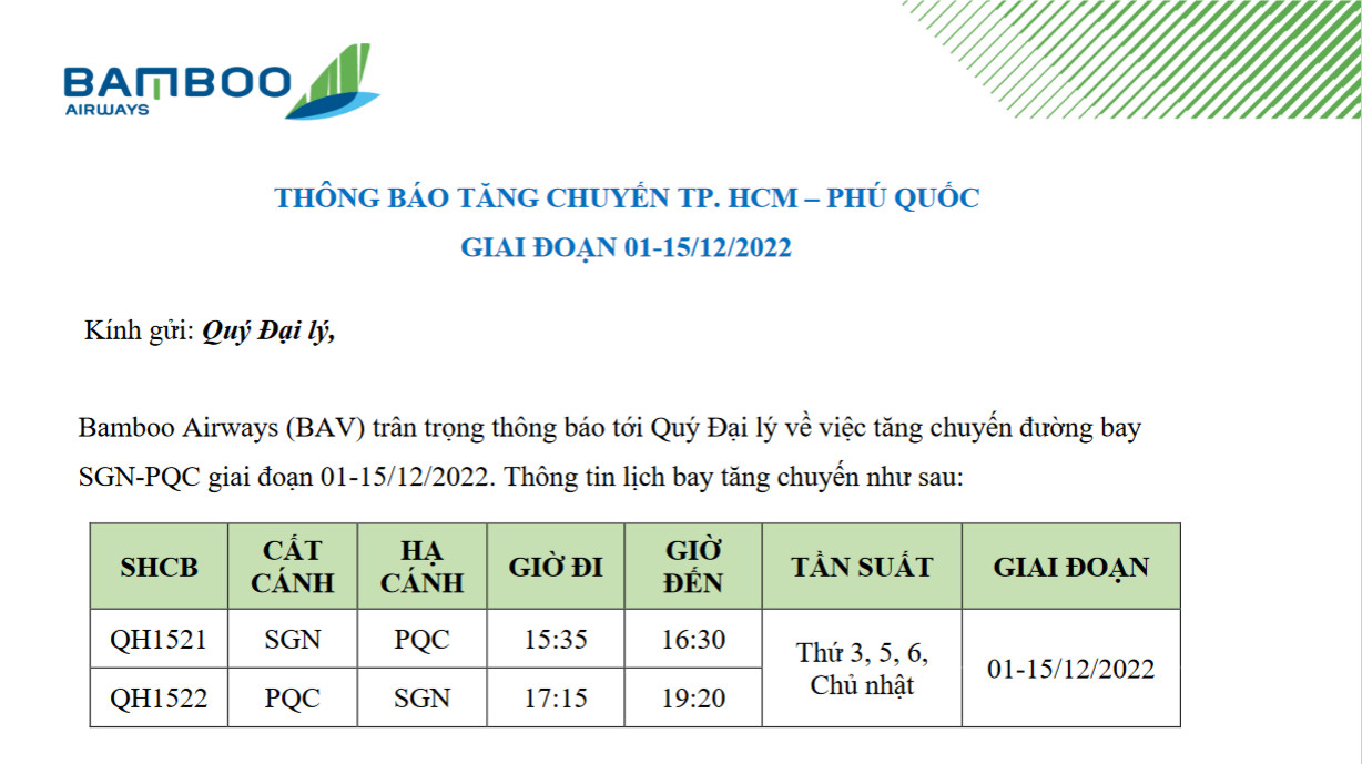 BAMBOO AIRWAYS – THÔNG BÁO TĂNG CHUYẾN TP. HCM – PHÚ QUỐC GIAI ĐOẠN 01-15/12/202