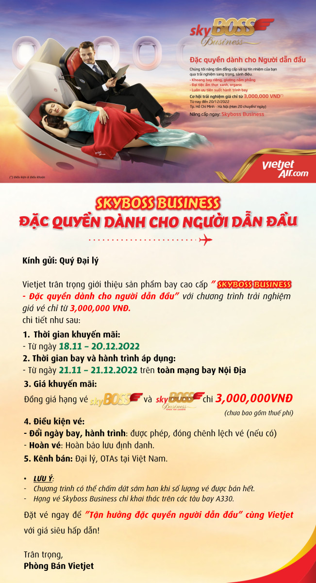 VIETJET TRÂN TRỌNG GIỚI THIỆU SẢN PHẨM SKYBOSS BUSINESS – ĐẶC QUYỀN DÀNH CHO NGƯỜI DẪN ĐẦU