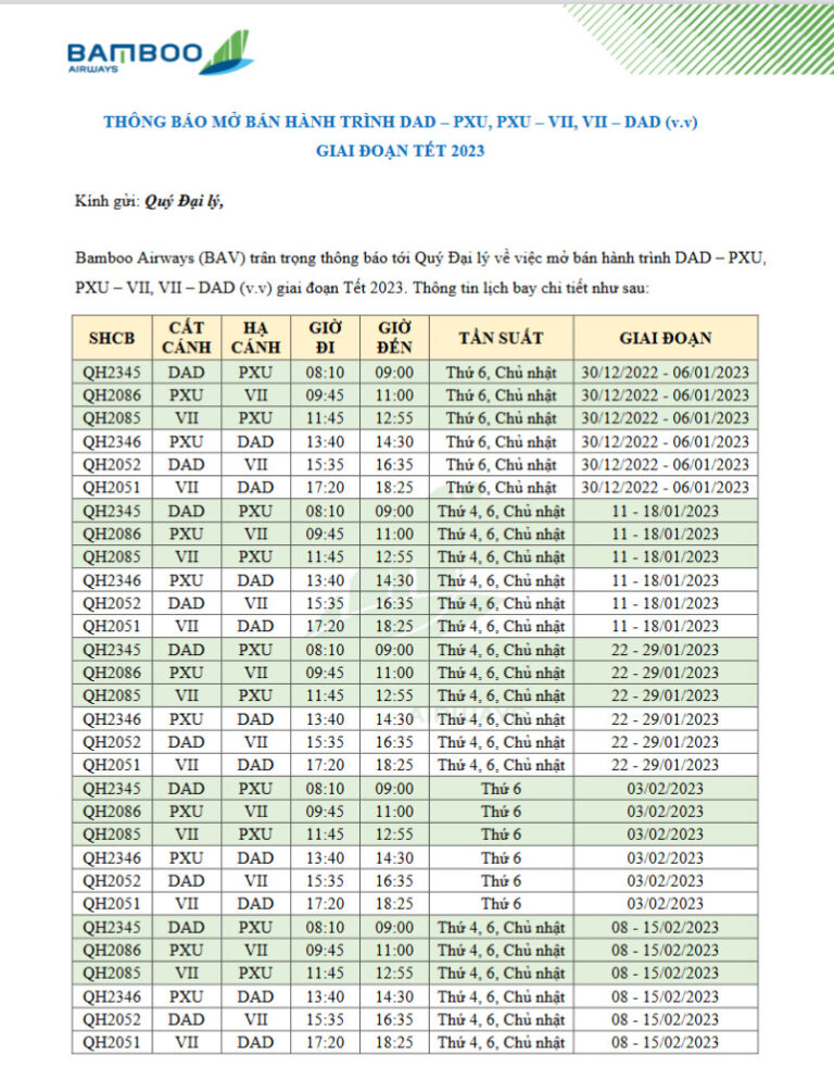 BAMBOO AIRWAYS – THÔNG BÁO MỞ BÁN HÀNH TRÌNH DAD – PXU, PXU – VII, VII – DAD (v.v) GIAI ĐOẠN TẾT 2023