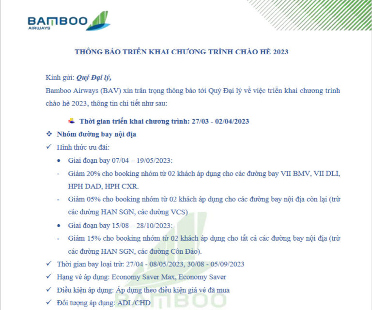 BAMBOO AIRWAYS_THÔNG BÁO TRIỂN KHAI CHƯƠNG TRÌNH CHÀO HÈ 2023