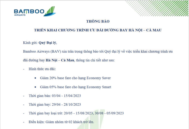 BAMBOO AIRWAYS_THÔNG BÁO TRIỂN KHAI CHƯƠNG TRÌNH ƯU ĐÃI ĐƯỜNG BAY HÀ NỘI – CÀ MAU