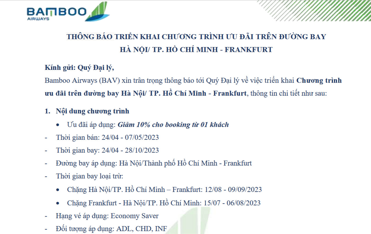 BAMBOO AIRWAYS_THÔNG BÁO TRIỂN KHAI CHƯƠNG TRÌNH ƯU ĐÃI TRÊN ĐƯỜNG BAY HÀ NỘI/ TP. HỒ CHÍ MINH – FRANKFURT