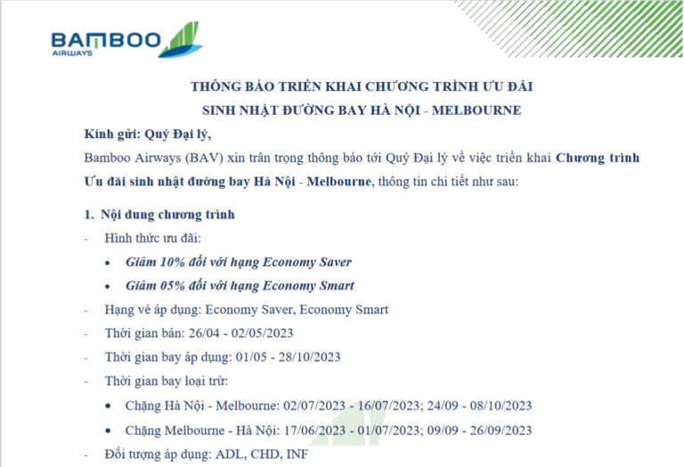 BAMBOO AIRWAYS_THÔNG BÁO TRIỂN KHAI CHƯƠNG TRÌNH ƯU ĐÃI SINH NHẬT ĐƯỜNG BAY HÀ NỘI – MELBOURNE