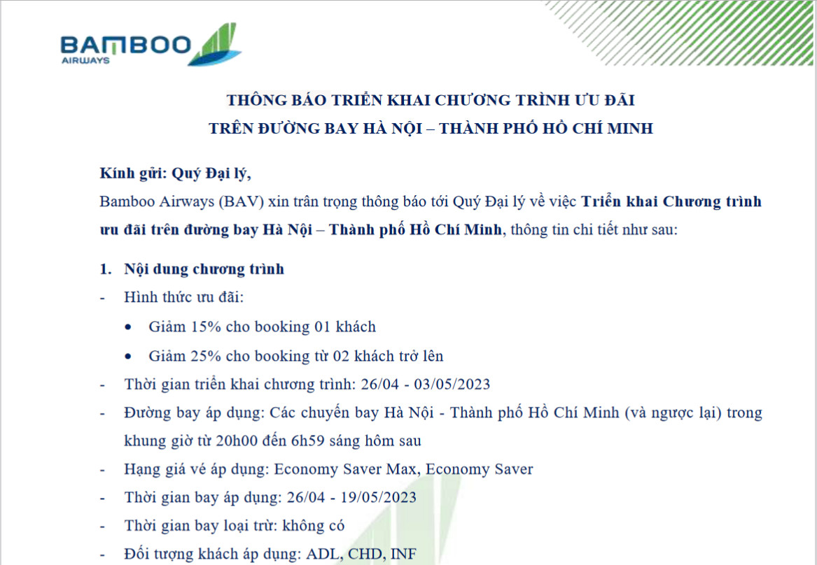 BAMBOO AIRWAYS_THÔNG BÁO TRIỂN KHAI CHƯƠNG TRÌNH ƯU ĐÃI TRÊN ĐƯỜNG BAY HÀ NỘI – THÀNH PHỐ HỒ CHÍ MINH